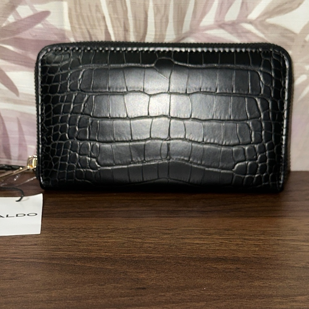 Aldo Black Croc-Embossed Zip Wallet